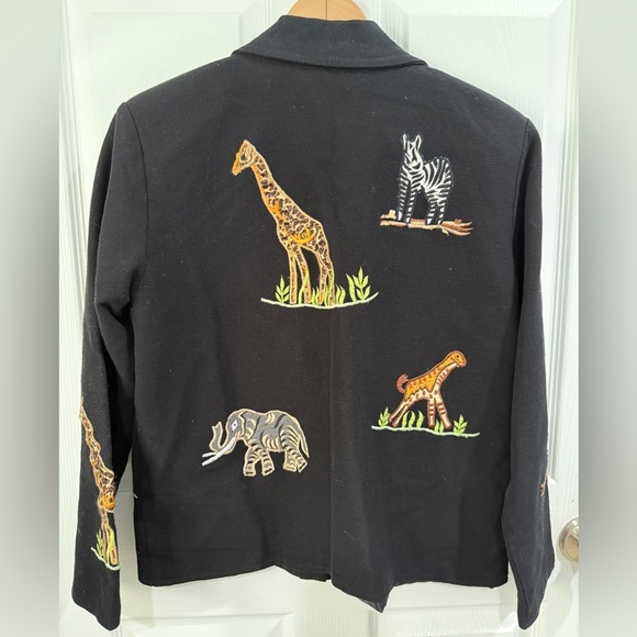 Black Embroidered Jacket w Safari Motifs Animal Print Africa 100% Cotton - Picture 2 of 6